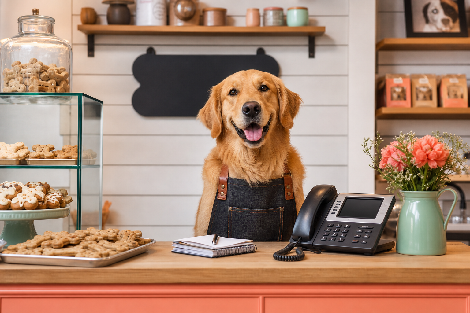 A golden retriever bakery owner behind a counter with a VOIP phone.