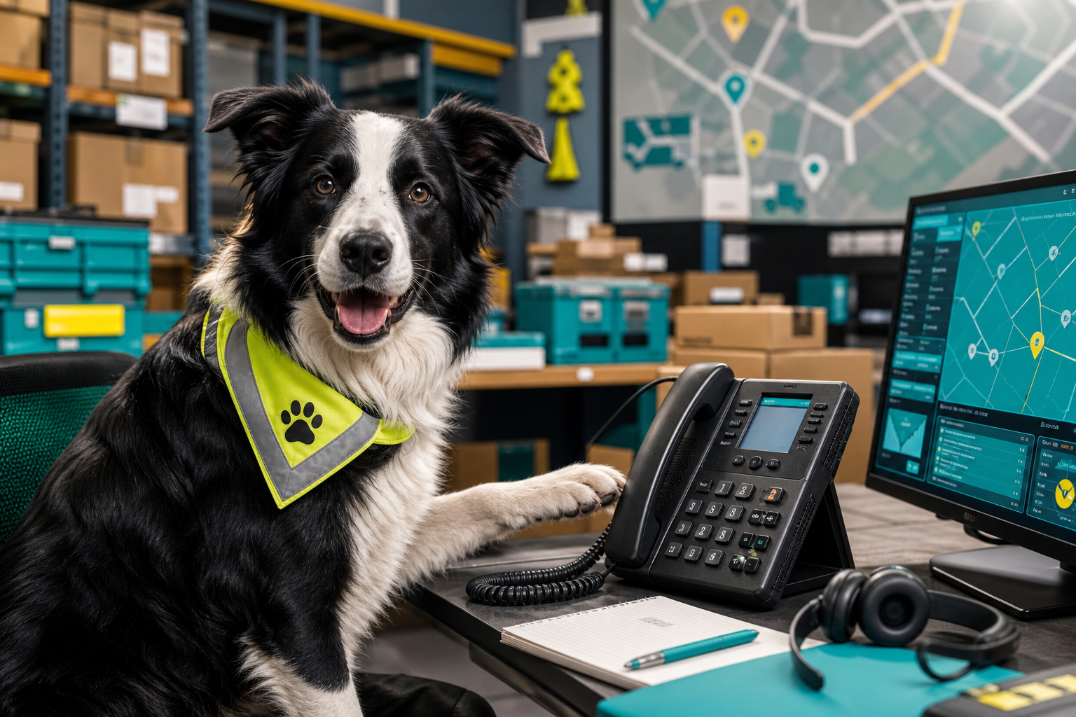 A border collie logistics manager at a dispatch desk beside VOIP equipment.