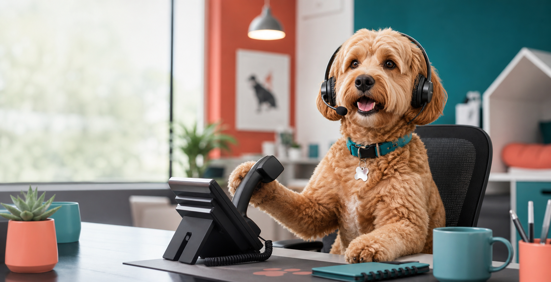 A business dog wearing a headset beside a VOIP desk phone.
