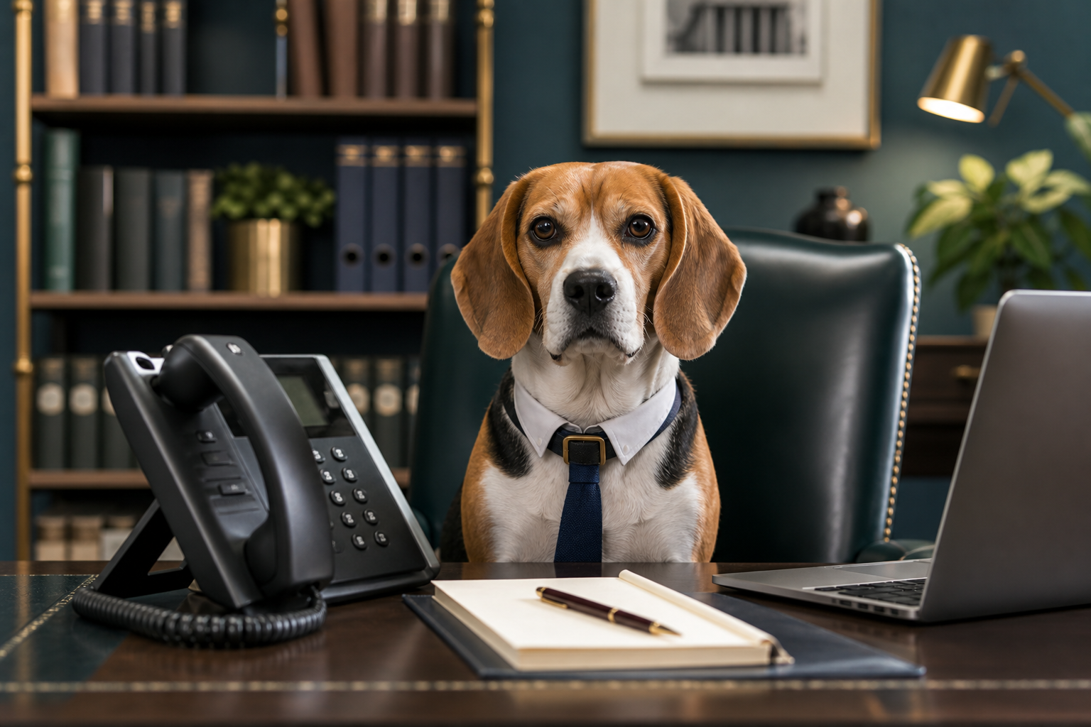 A beagle at a legal office desk beside a VOIP phone.